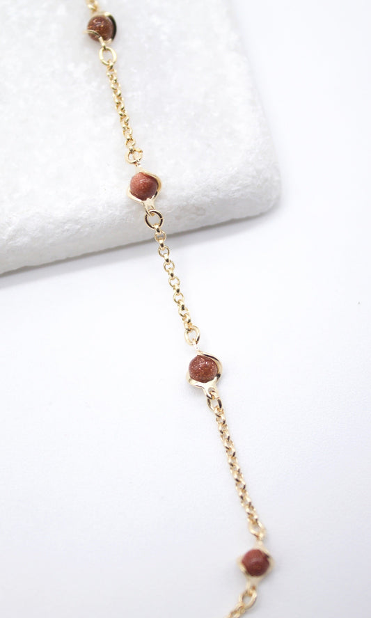 18K Gold Filled 5mm Designed Brown aventurine Bead Necklace (F221) - Fashivra