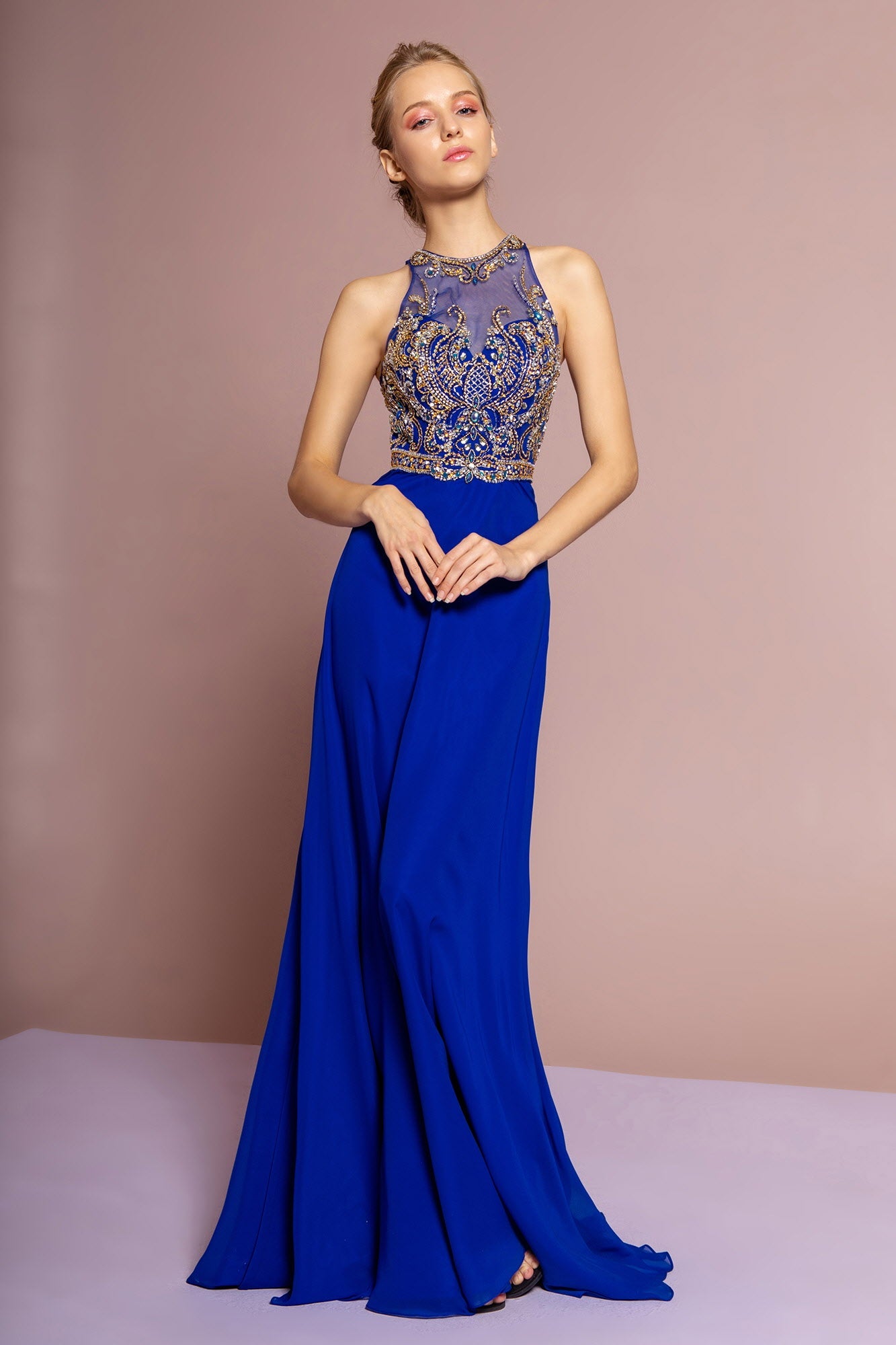 Jewel and Bead Embellished Long Dress with Back Cut Out - Fashivra